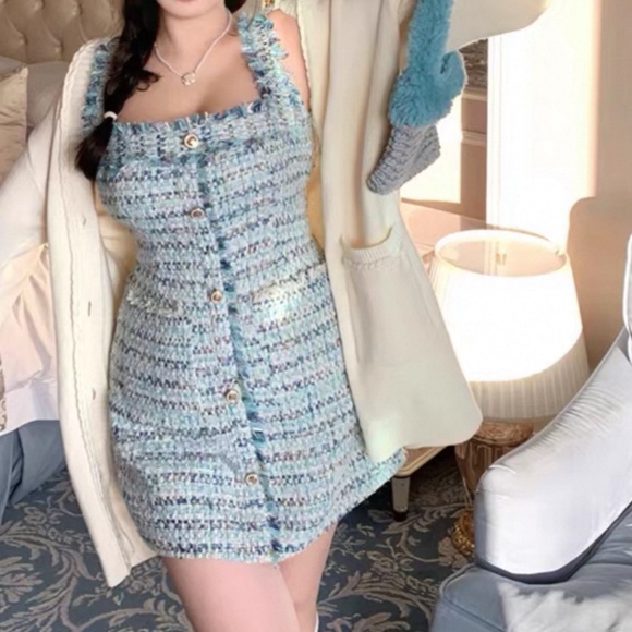 Vintage Chic Tweed birthday dress Mini Dress with pockets Blue Pastel Plaid - Picture 7 of 8